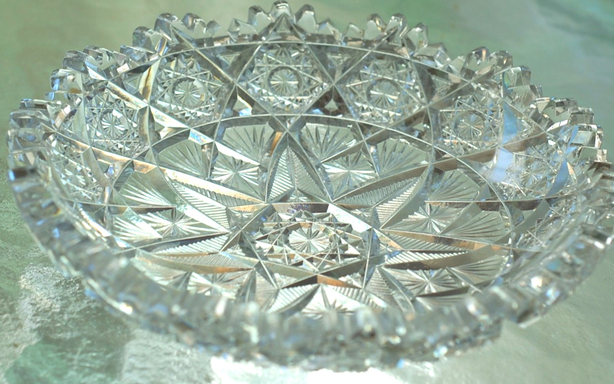 American Brilliant Cut Glass Bowl 7” Hobstar Fan Sawtooth Bowl Dish 1.5″ high