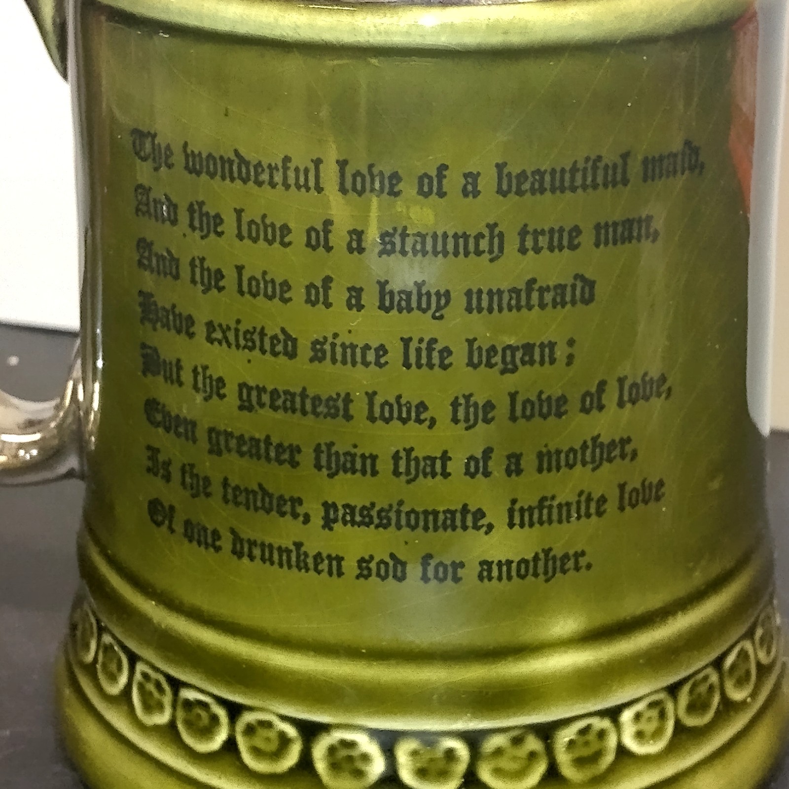 Princess House Fine Earthenware Beer Stein Mug England Dark Green Vtg Love Poem