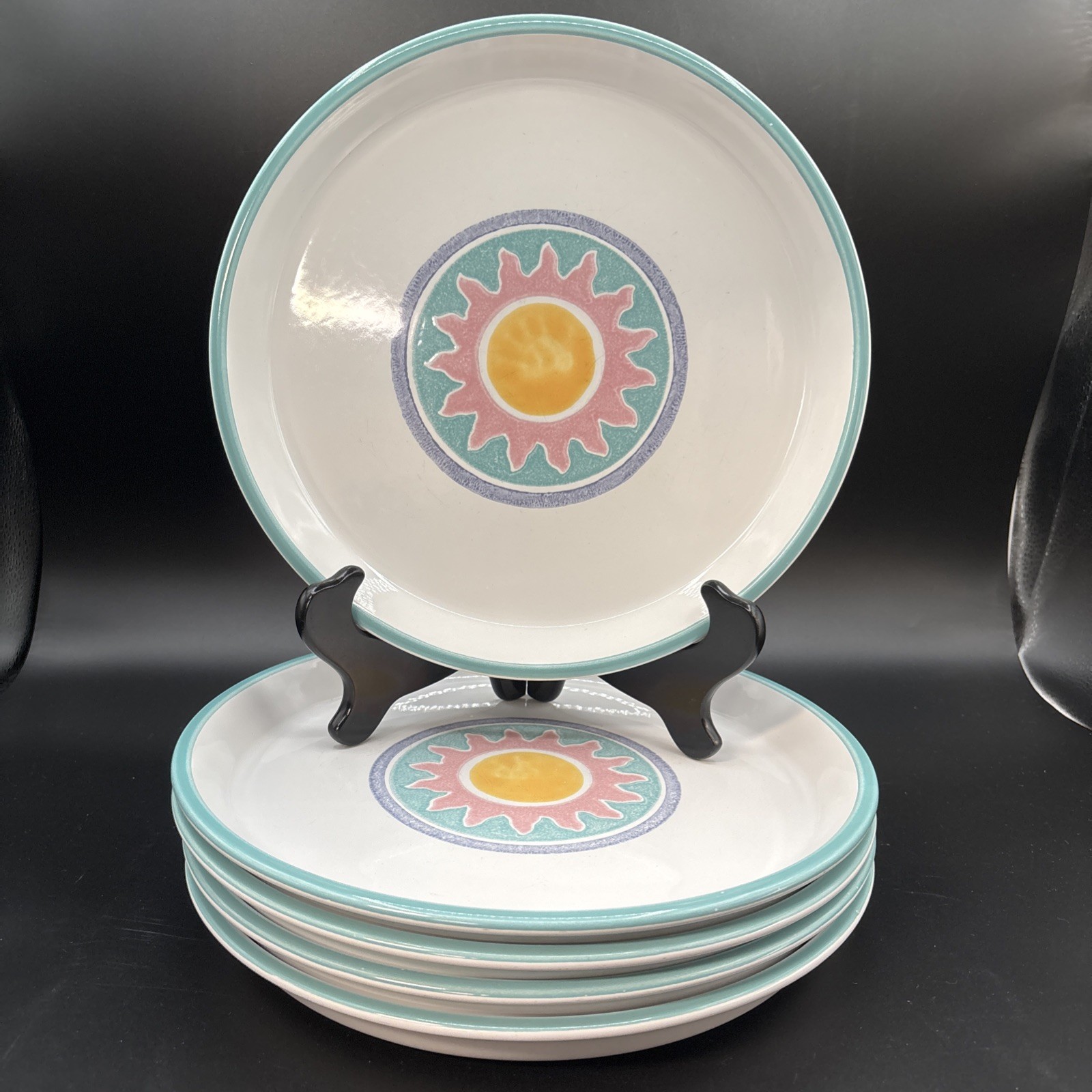 Set Of 5 Dansk Japan COSTA DEL SOL Dinner Plates 10 3/8″ Pink & Yellow Sunburst