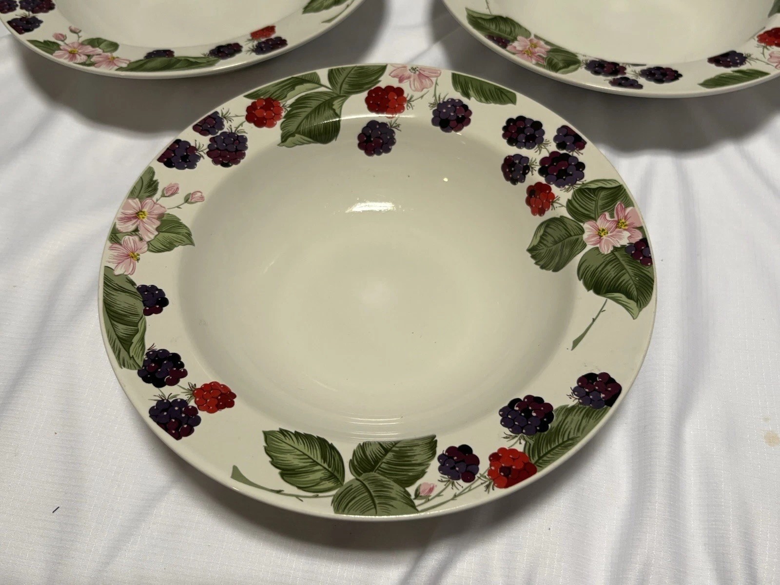 Three (3) Tienshan Stoneware Raspberry Social Rimmed 8 1/2” Soup Cereal Bowls