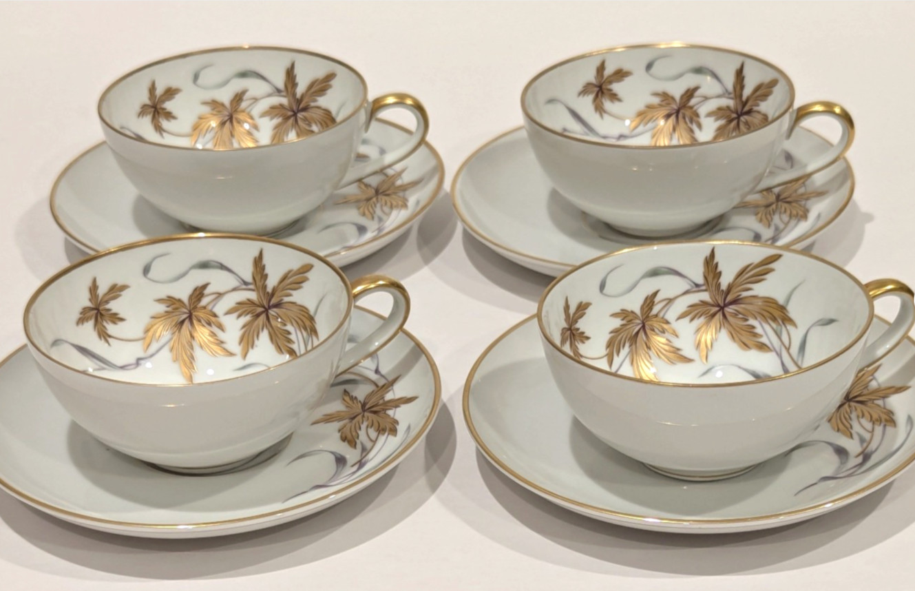 Heinrich GLAMOUR Cups & Saucers Heavy Gold Gilt Porcelain Set/4 Vintage Germany