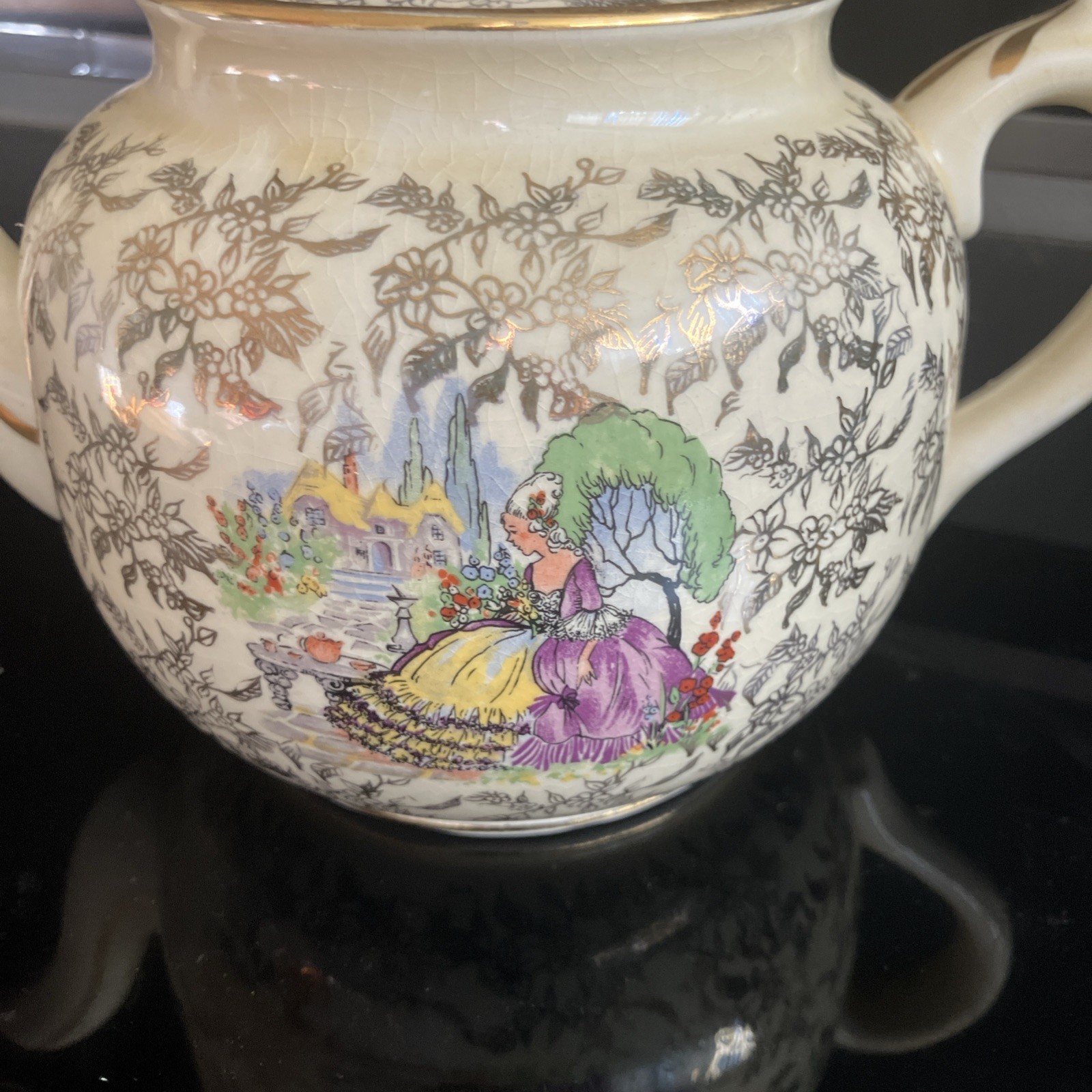 VTG. SADLER ENGLAND Porcelain Teapot Victorian Lady Floral Gold Gilt Trim