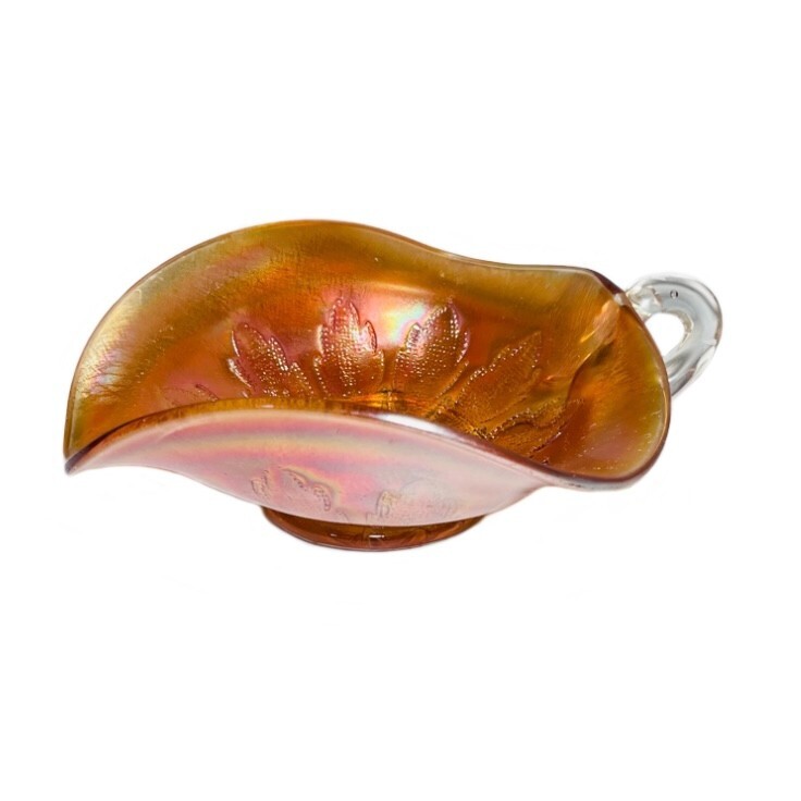 Vtg Candy/Vanity Dish Marigold Depression Leaf Floral Iridescent 5″W x 7″L x 2″H