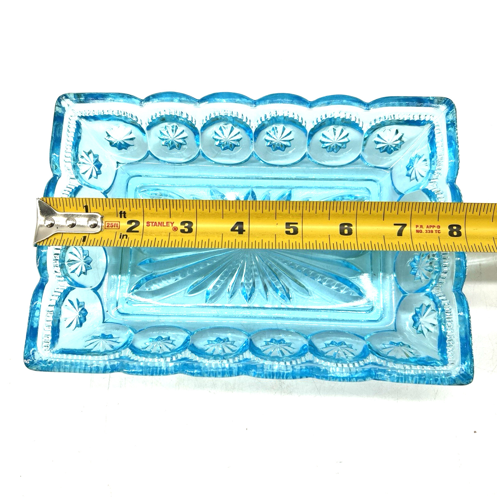 Aqua Blue Glass Moon & Stars Rectangular Relish Dish Tray 8”x5.5”
