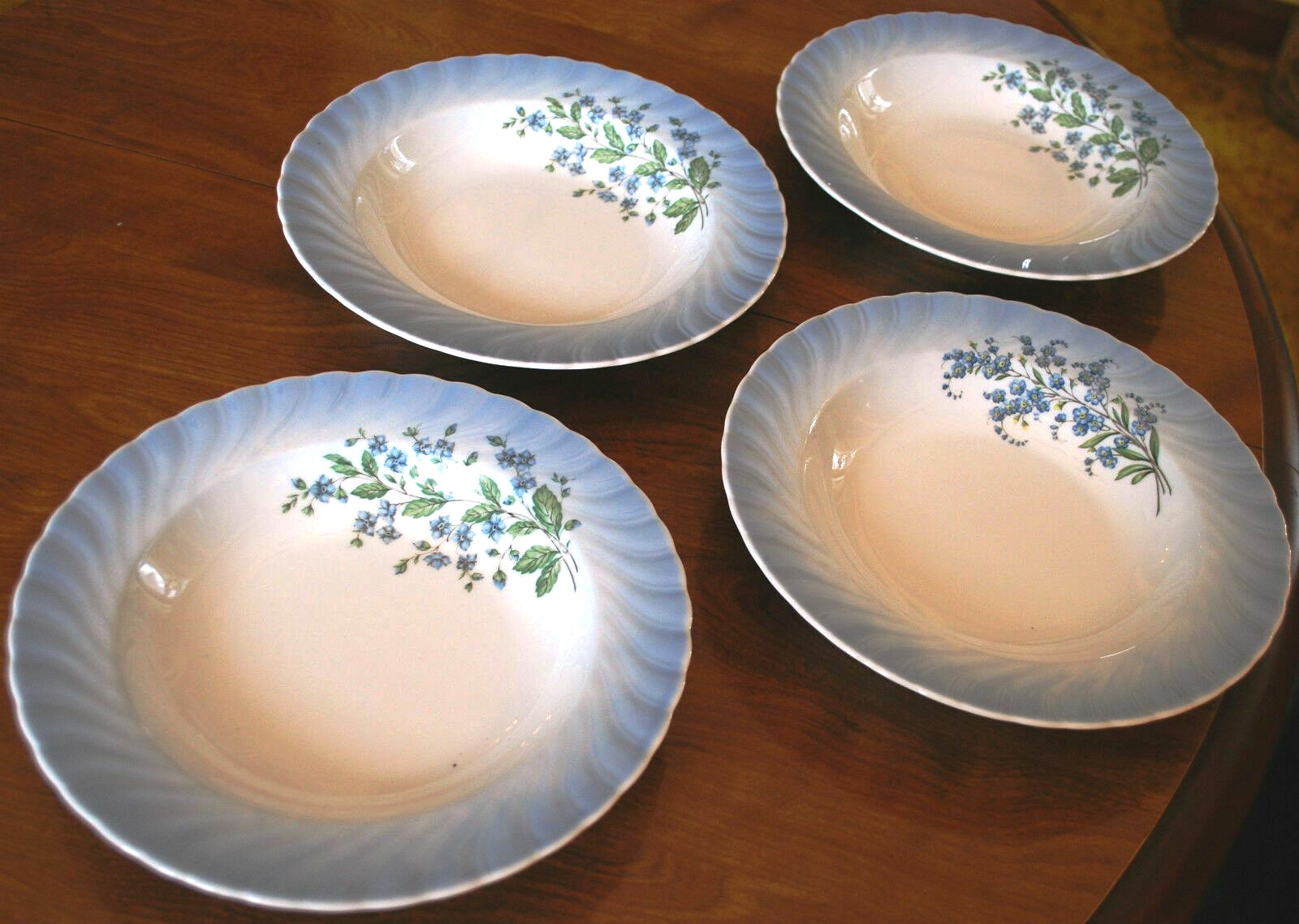 Vtg Set 4 Soup Bowls BLUE FADE FLOWERS 9″ Christineholm Porcelain SCALLOPED RIM