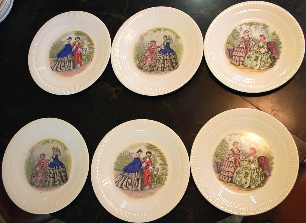Vintage Set 6 GODEY PRINTS Luncheon Plates 9.25″ Ribbed SALEM CHINA 3 Designs