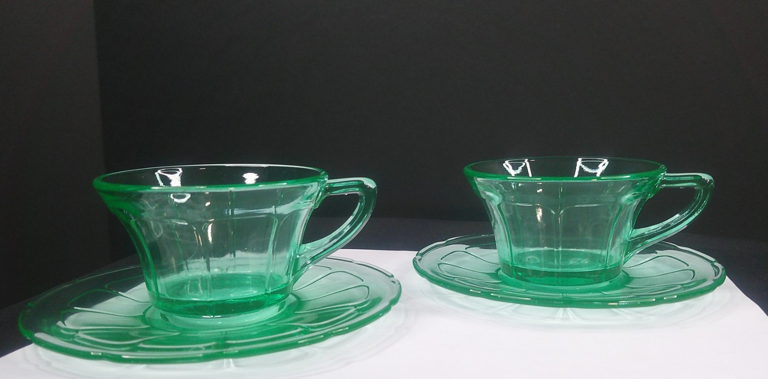 Uranium, Diamond Glass Co, Victory, Green, Cup & Saucer Sets, (2), c 1929, ExCd