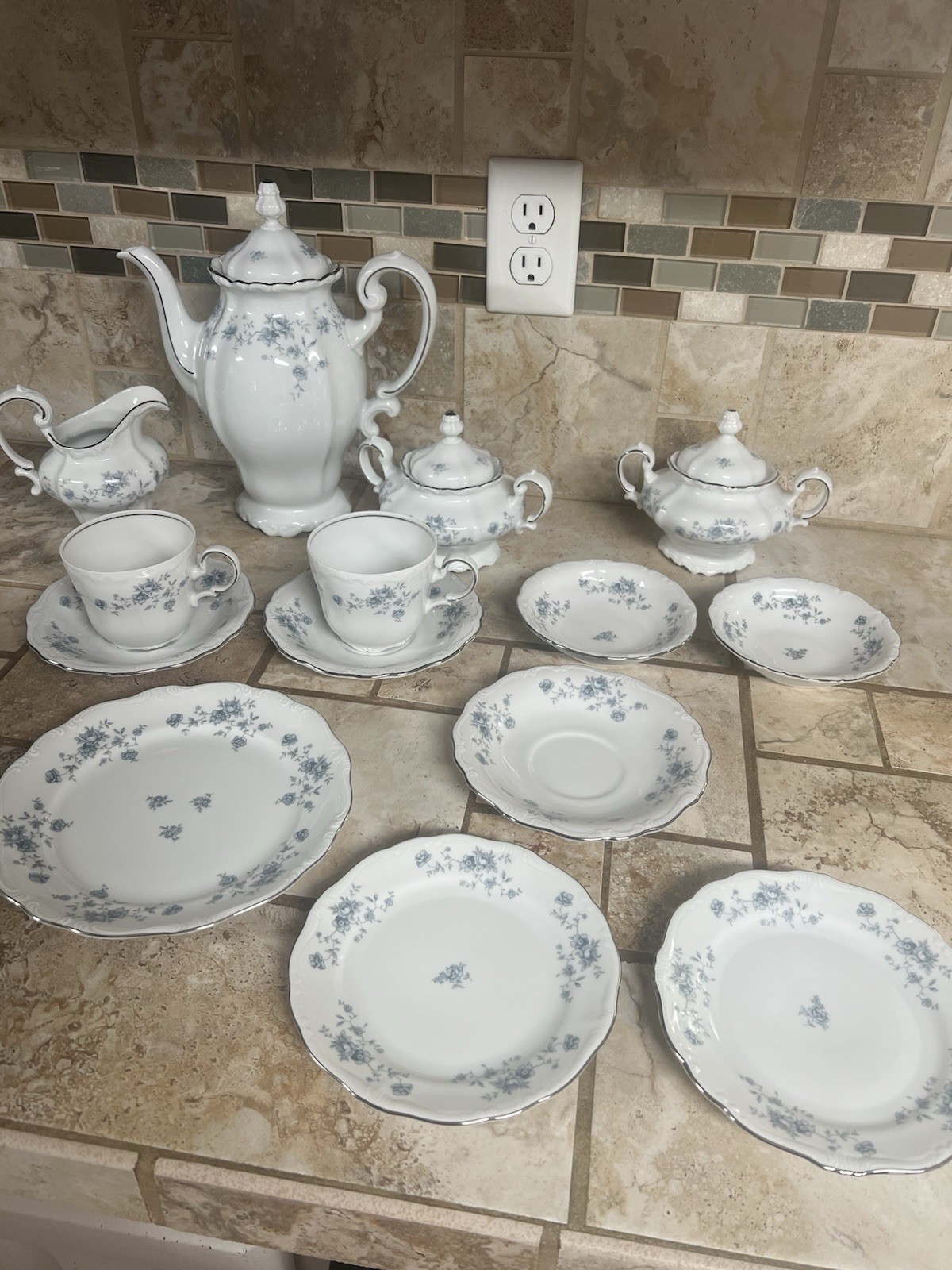 Johann Haviland Blue Garland Bavaria Germany Coffee Pot, Bowl, Plate and Cup Lot