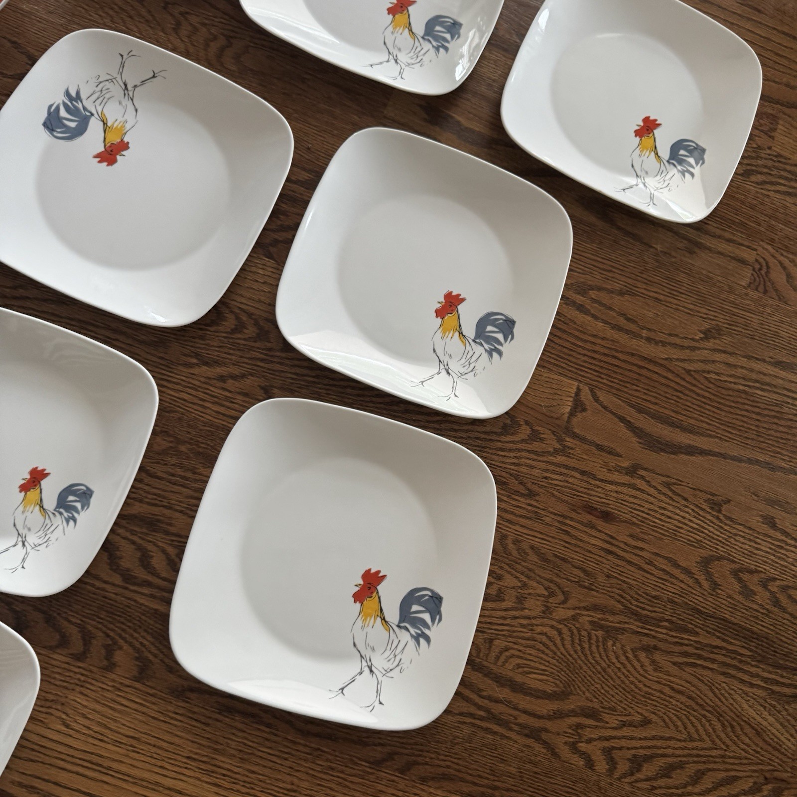 24 PC SET Corelle Square Rooster Country Dawn Dinner Plates And Square Bowls