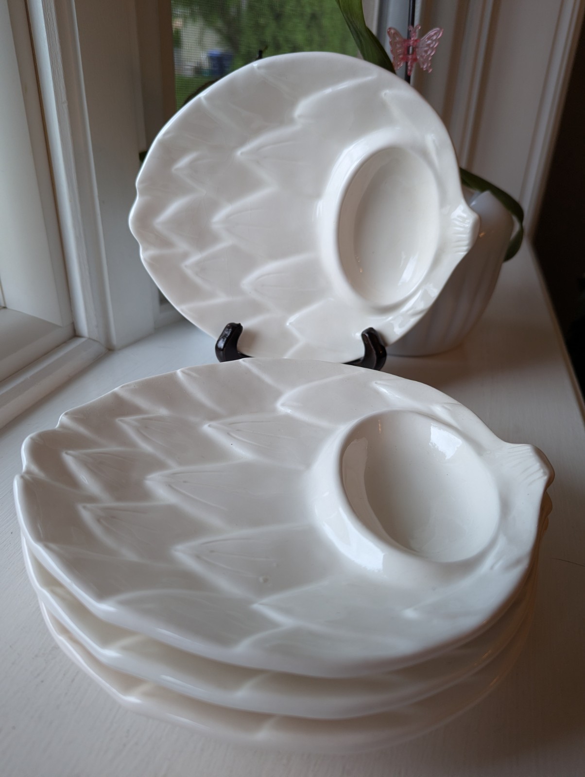 Set of 4 White Artichoke Shaped Appetizer Divided Plate Dish Vintage Japan