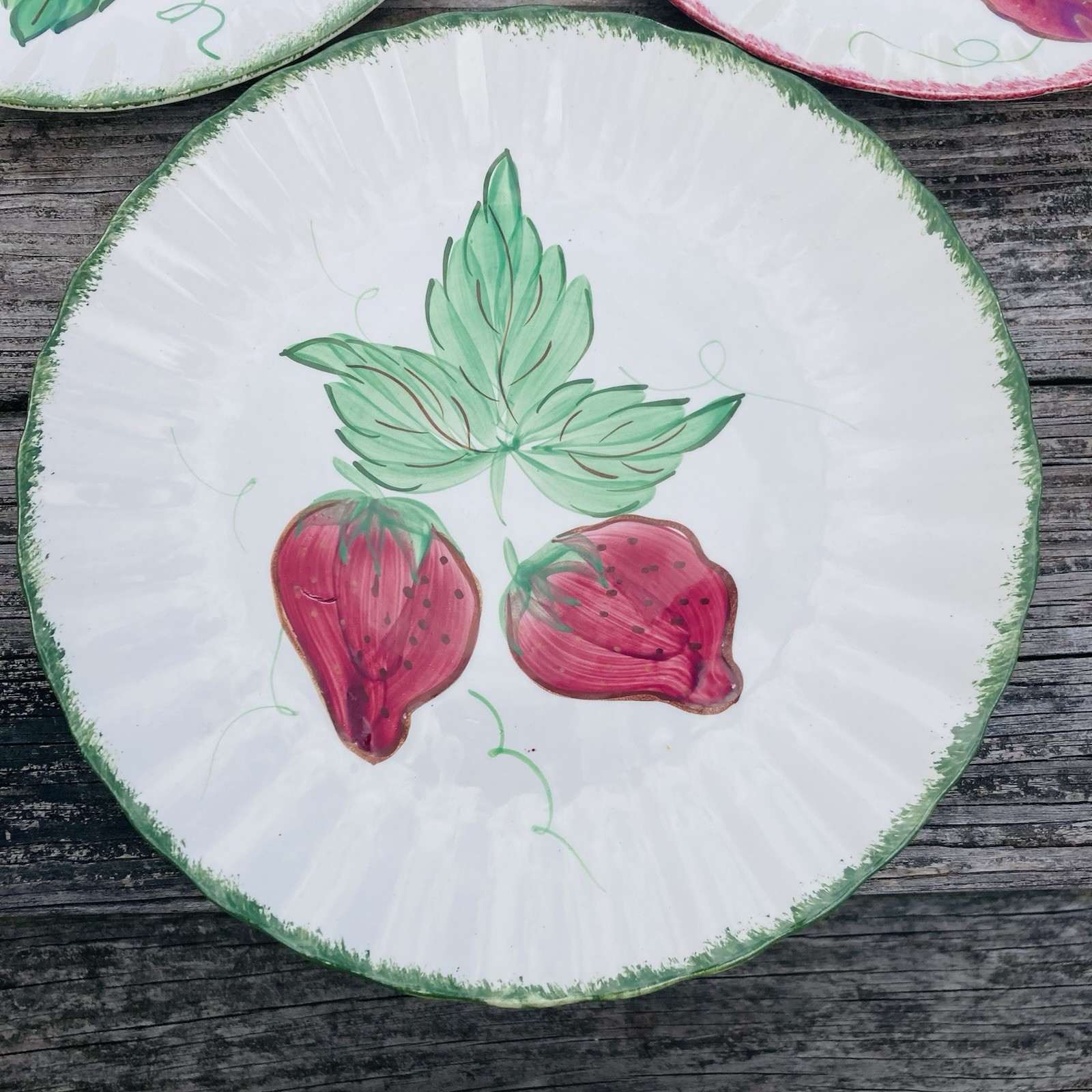 3 Blue Ridge Southern Potteries Wild Strawberry Colonial Green & Red Rim Plates