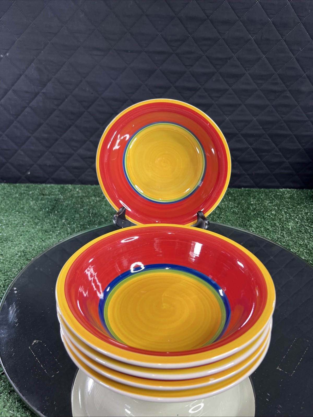 5 ROYAL NORFOLK Mambo Swirl 7.50″ Coupe Bowls Soup Cereal Yellow Center