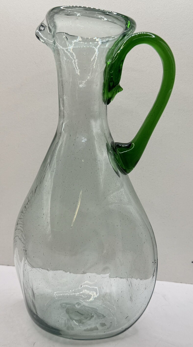 Old Art Deco Hand Blown Glass Pitcher Asymmetrical Sides Almost 10” Tall