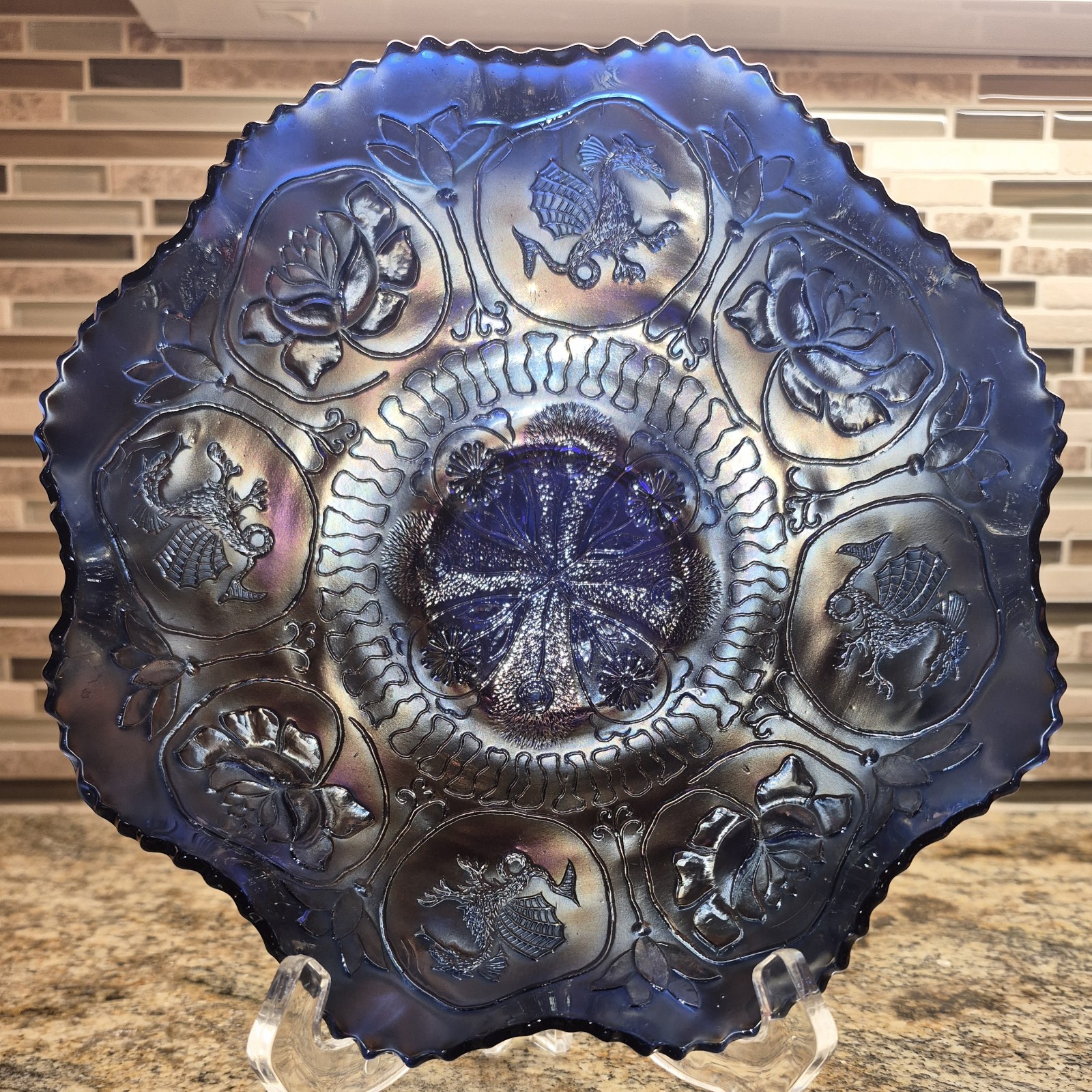 Antique Fenton Dragon/Lotus Bowl Cobalt Blue Metallic Finish 9in Across 2.5in…