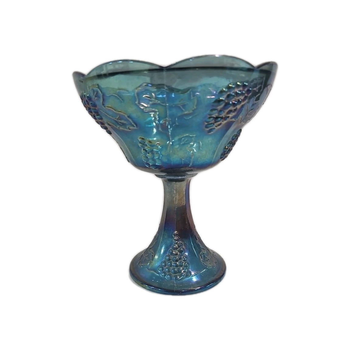 Vtg Iridescent Blue Carnival Glass Candy Dish Pedestal Bowl Grape Indiana 8″