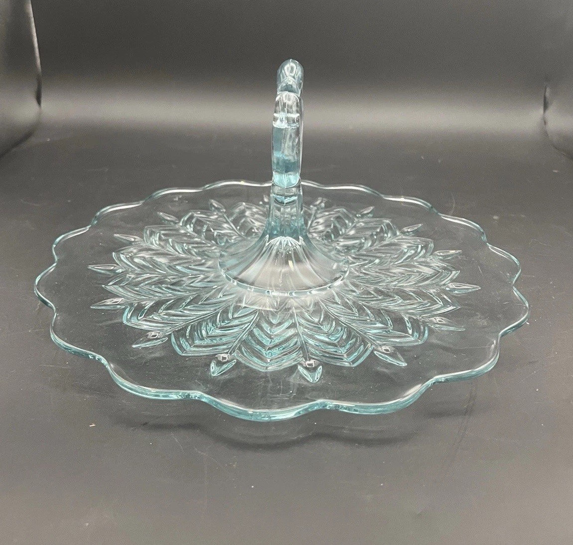 Jeanette Serving Tidbit Tray Glass Feather Light Blue Keyhole Handle Vintage