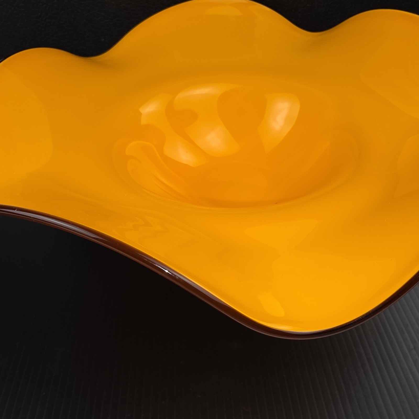 Vintage 1970s Teleflora Ruffled Tango Bowl Orange Art Glass Pedestal Centerpiece