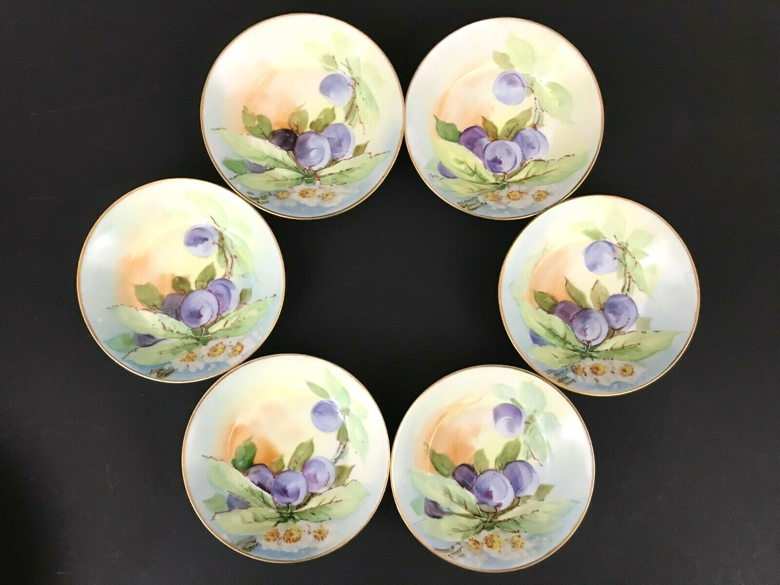 O&EG Royal Austria Berries Floral Serving Bowl w 6 Berry Bowls Set Artist Signed