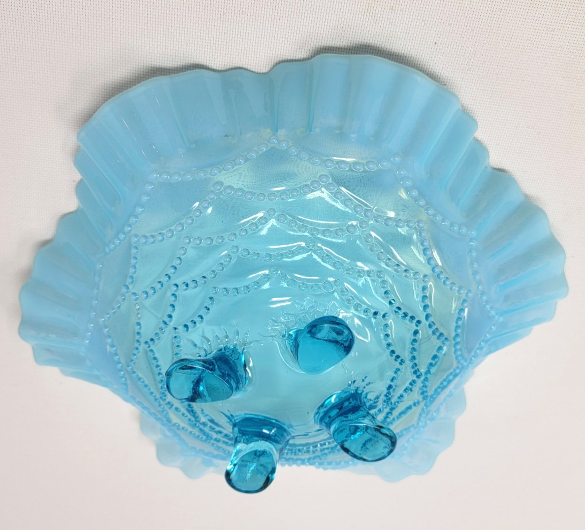 ANTIQUE NORTHWOOD BEADED DRAPES BOWL BLUE OPALESCENT 1905 RUFFLE PATTERN 4 Feet