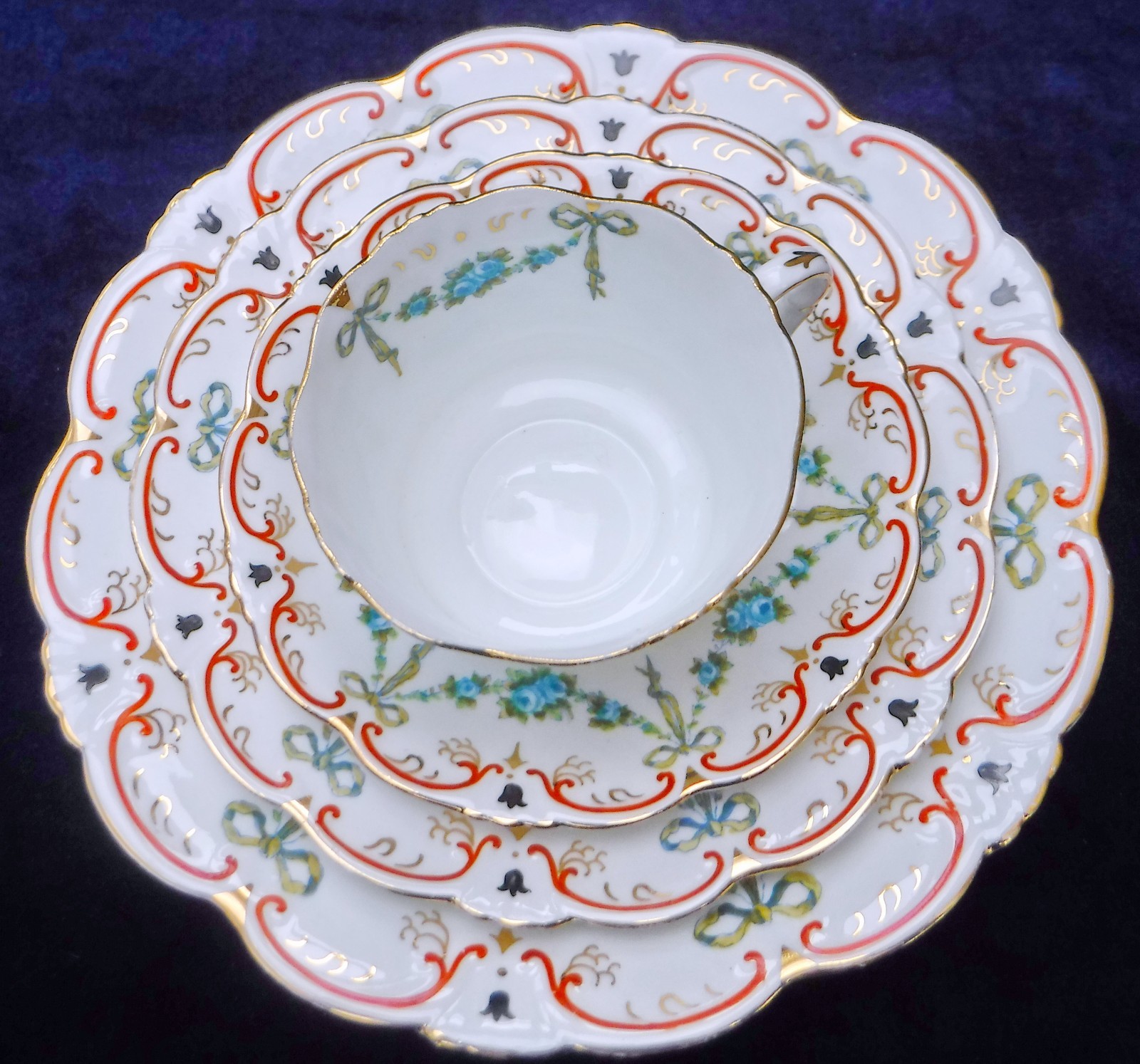 Collingwood Turquoise Ribbons, Bows & Swags of Roses Edwardian Tea Trio with