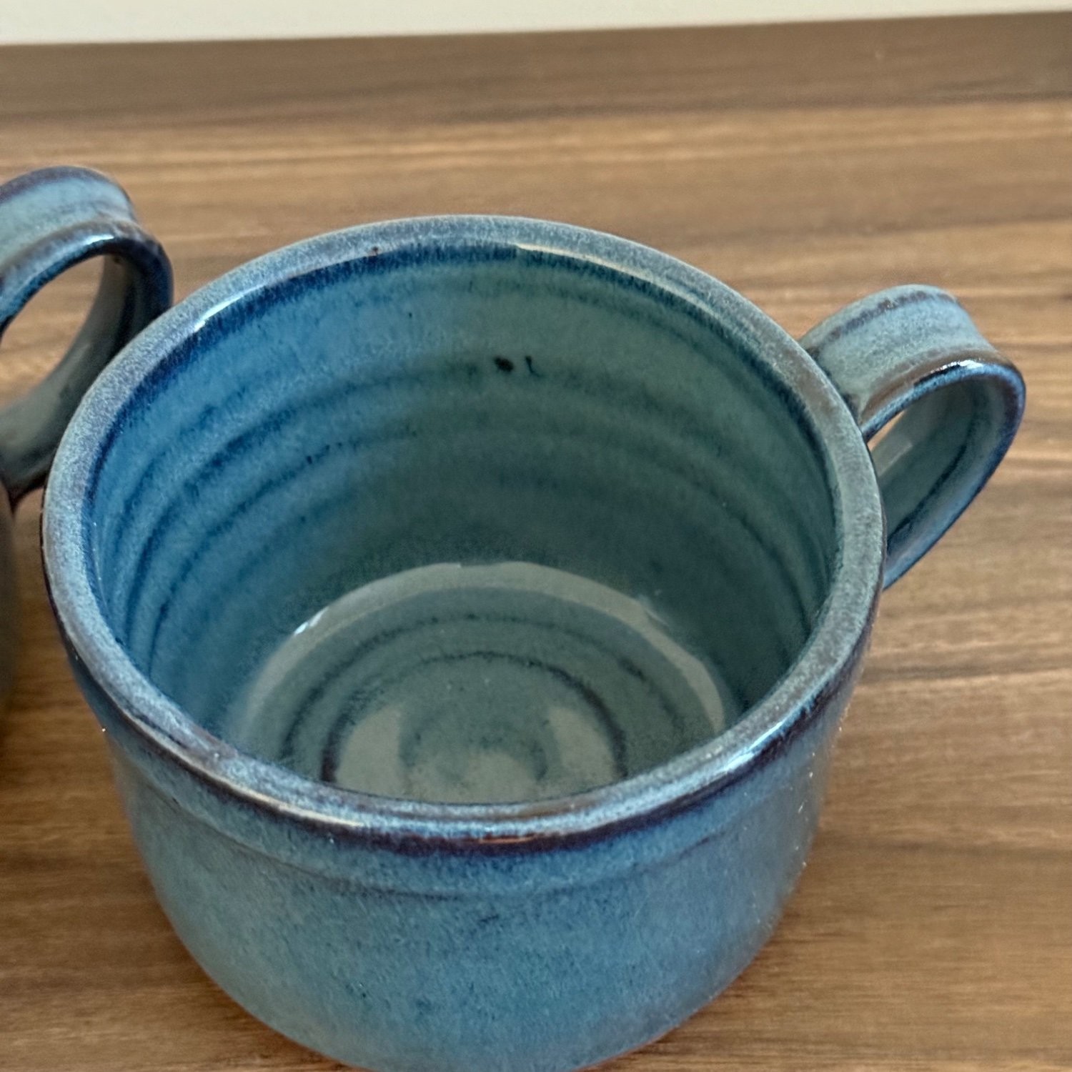 Owens Pottery Seagrove NC Blue Glazed Stoneware Coffee Mug Handmade Stamped 4.25