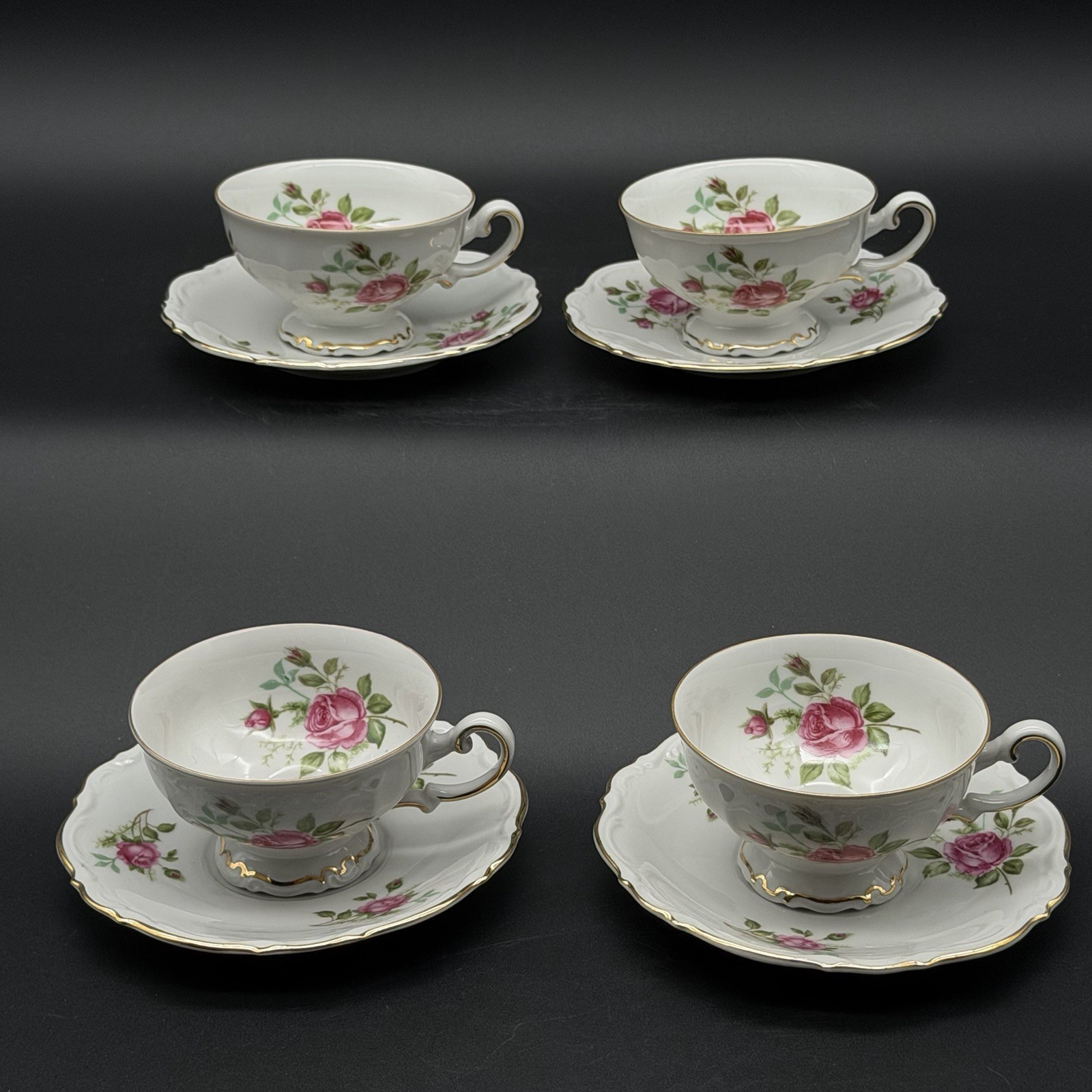 Vtg Mitterteich Old Dresden Rose Set Of 4 Footed Cups And Saucers Germany
