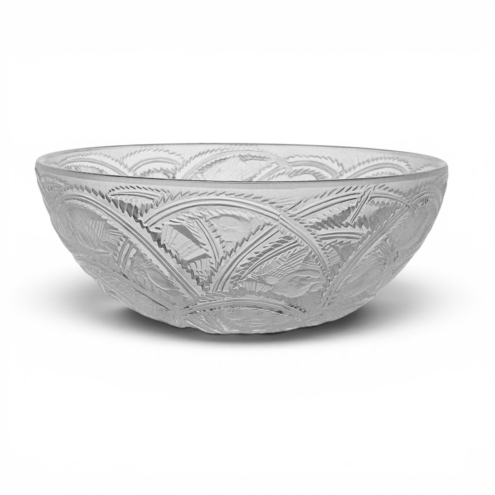 VTG Lalique France Pinsons Crystal Centerpiece Bowl Frosted Finches Signed 9.125
