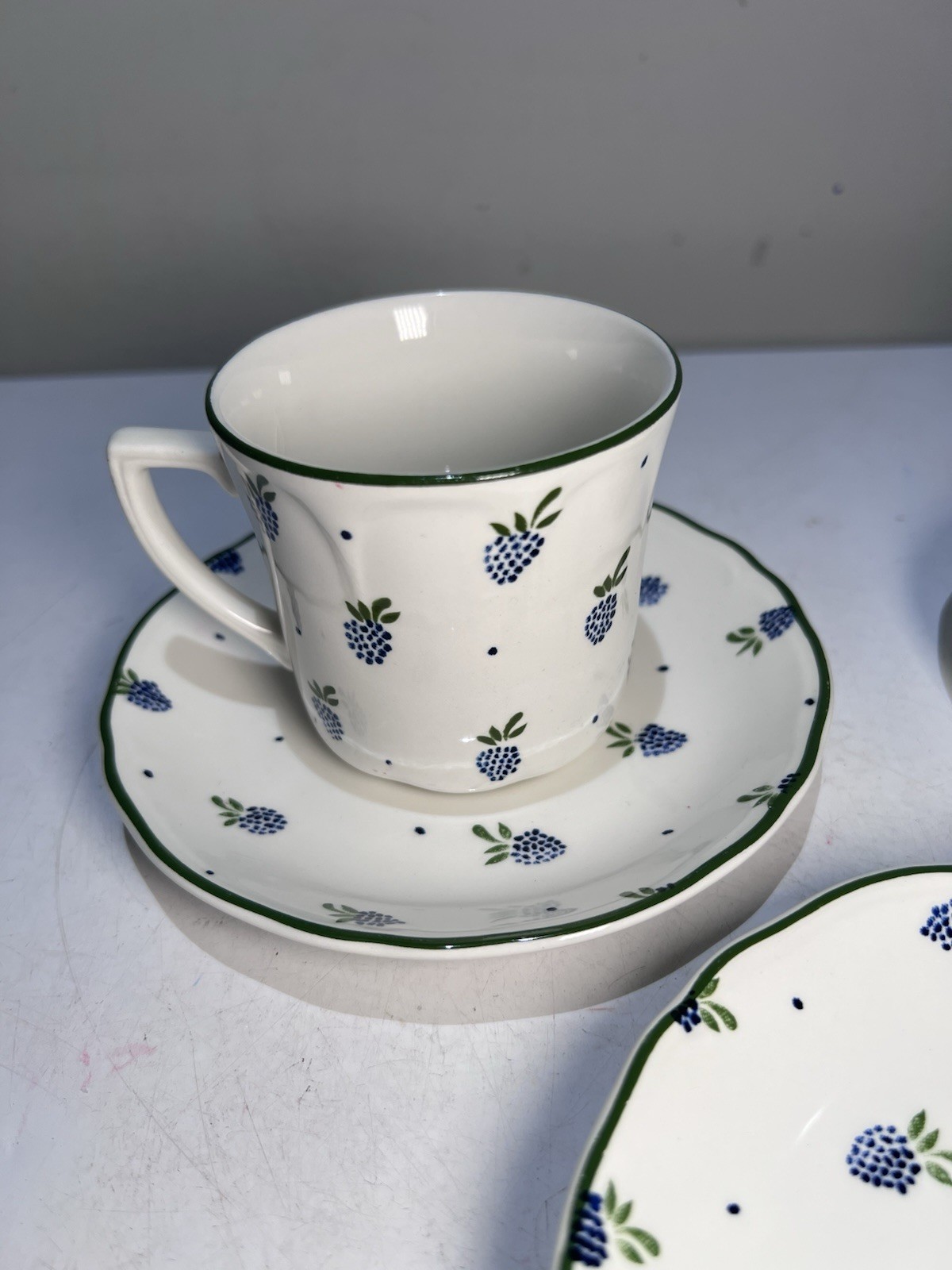Vintage Johnson Brothers Ironstone Blue Berries 2-Teacup And 3 Saucers