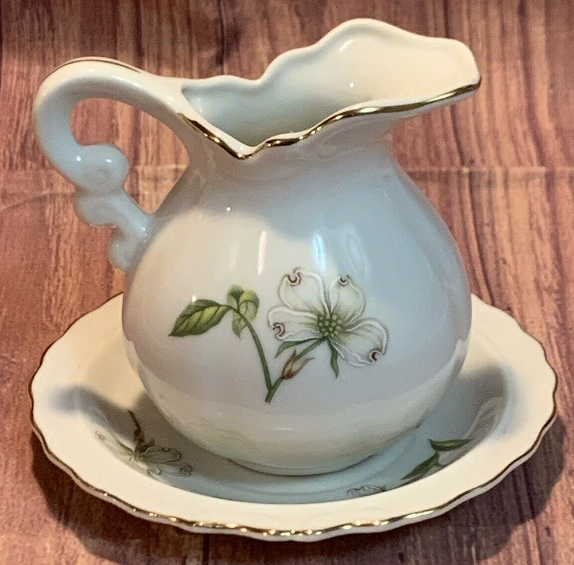 Lefton China ~ Dogwood Design *mini* Creamer and Saucer Set ~ Japan