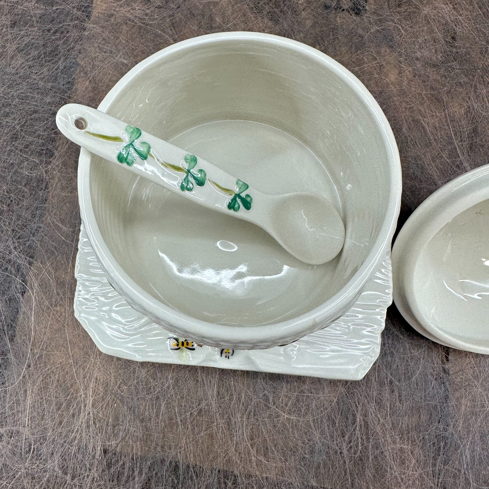 Belleek Honey Pot Jar with Spoon; Basketweave, Shamrocks, Bees