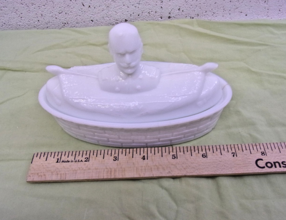 White Milk Glass Covered Candy Dish Admiral George Dewey Circa 1899