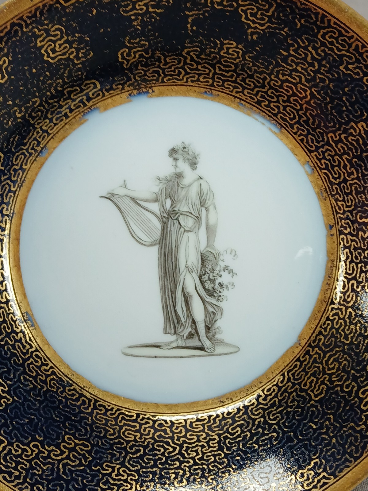 KPM Berlin Hand Painted Neoclassical Figures Cobalt & Gold Cup & Saucer C. 1790