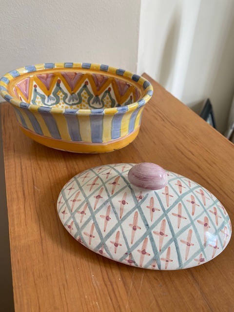 Vintage Mackenzie Childs MONET Ceramic Chowder Bowl w/ Lid Stripes Dots