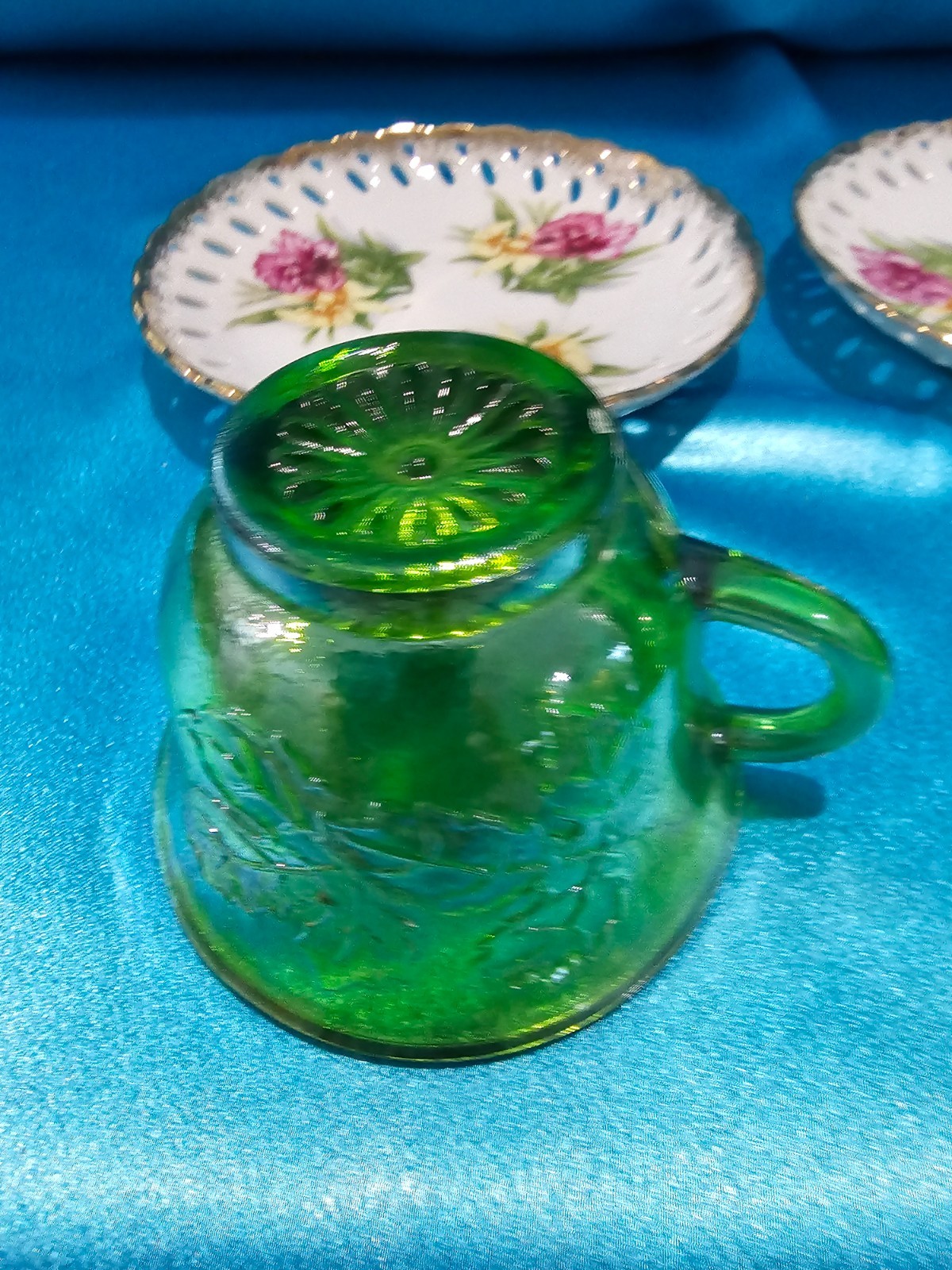 Set of 2 Green Glass Teacups & Bone China Saucers Miss Matched