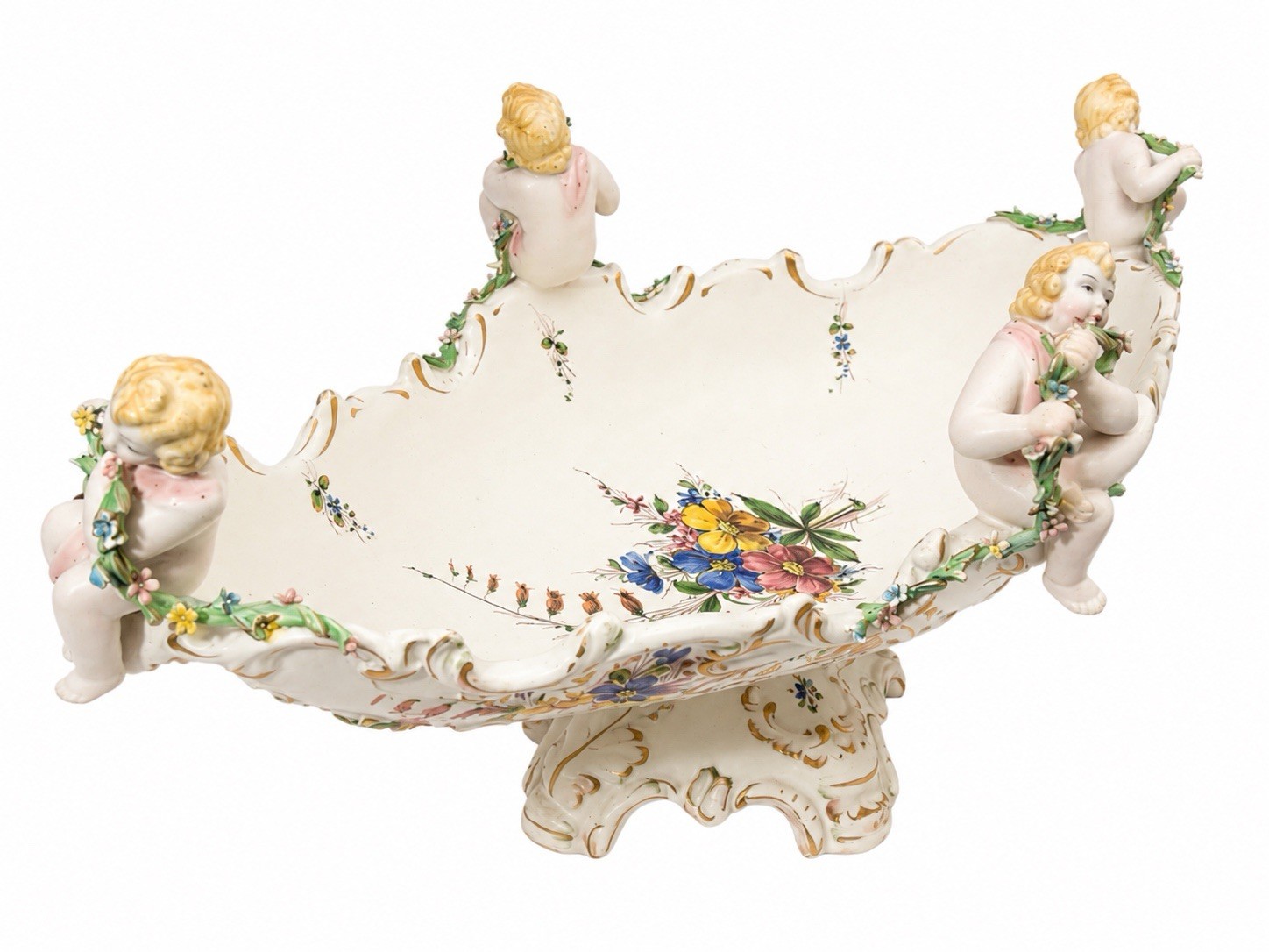 Vintage Capodimonte Italy Cherub Centerpiece Bowl Hand Painted Signed 20” X 10”