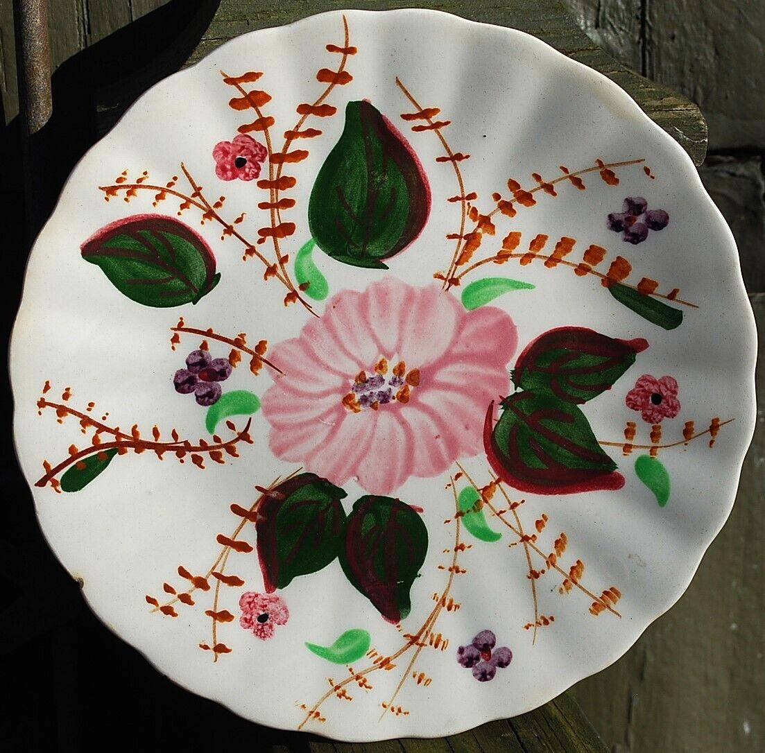 Antique Early Spongeware Plate Stick Spatter Ware HAND PAINTED FLORAL Swirl
