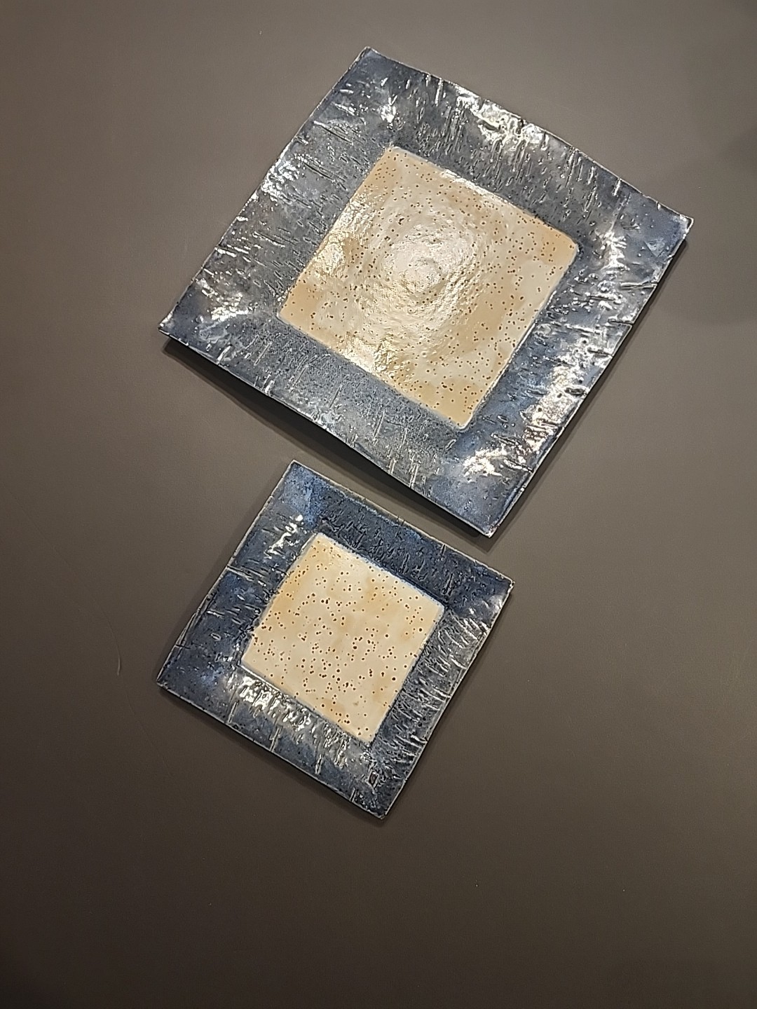 2 Studio Pottery Square Plates Hand Thrown Blue Tan Clay Stamped/Signed 9”, 5.6″