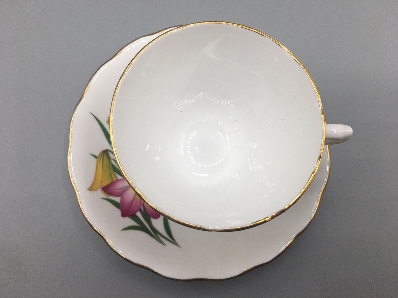 Royal Vale Bone China Lilly’s Yellow & Red Floral Teacup & Saucer Vintage