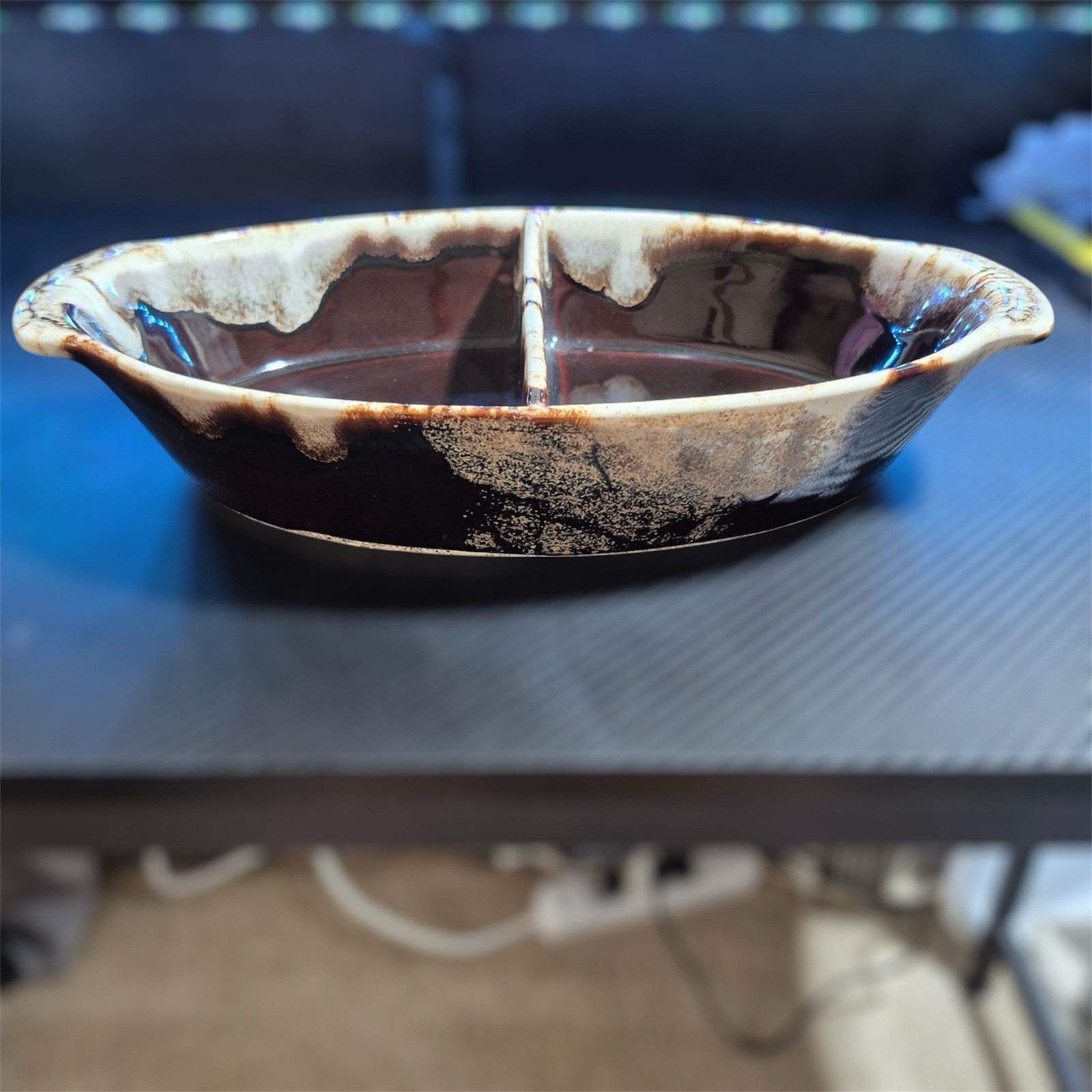 Vintage Pfaltzgraff Brown Drip Glaze Divided Vegetable Stoneware Dish Retro USA