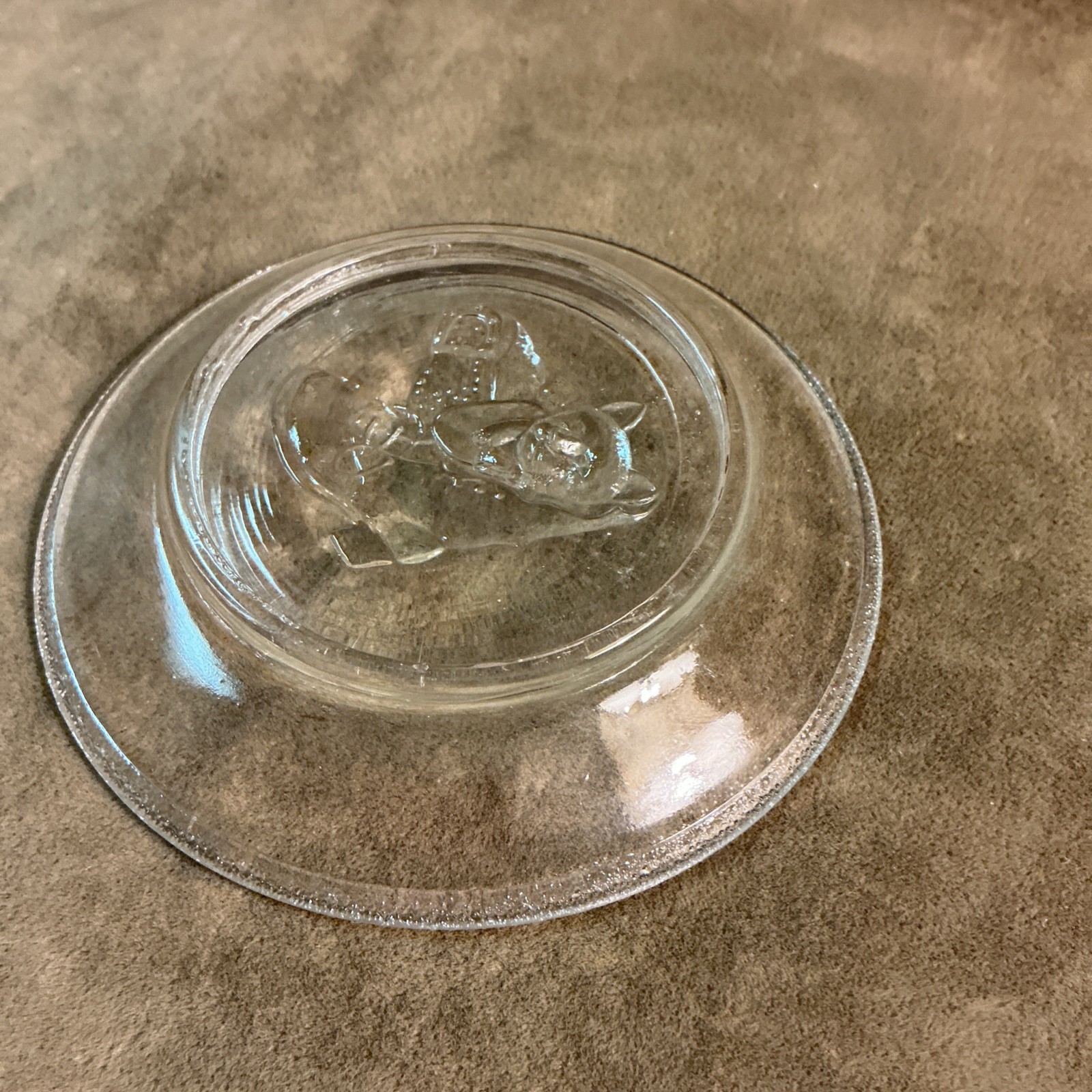 Victorian pressed pattern glass Puss N boots design stipple edge cup plate clear