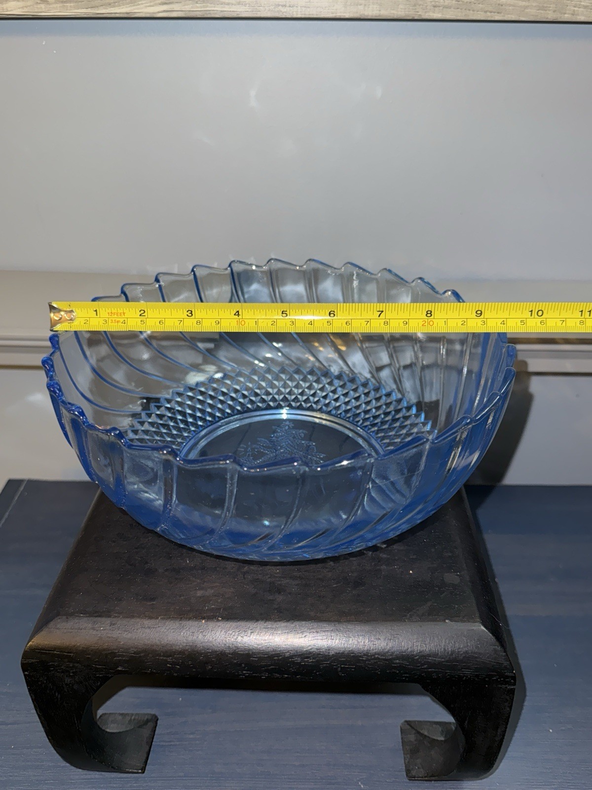 Vtg KIG Blue Glass Salad/Fruit Bowl w/Christmas Tree Design-9.5”-EUC