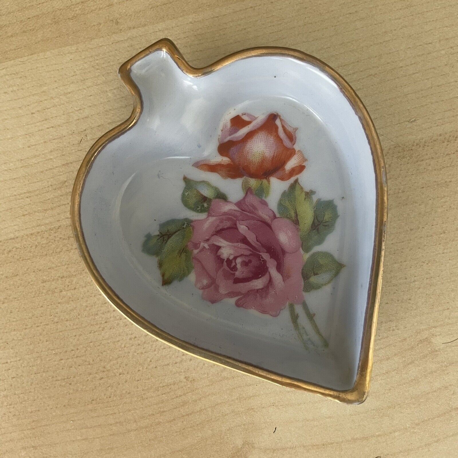 Lenwile Ardalt Japan Hand Painted Heart Leaf Dish China W Gold Rim Floral Roses