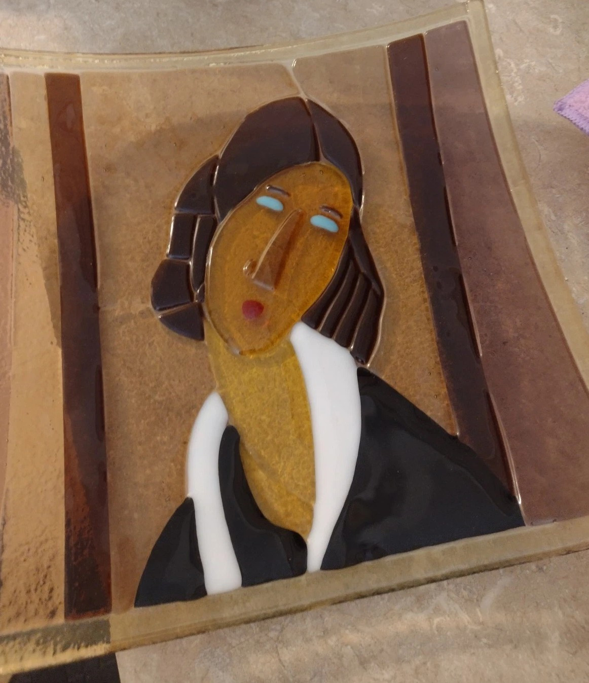 Omaggio a Modigliani Square Art Platter Fused Glass Blue Eyes Handmade Signed