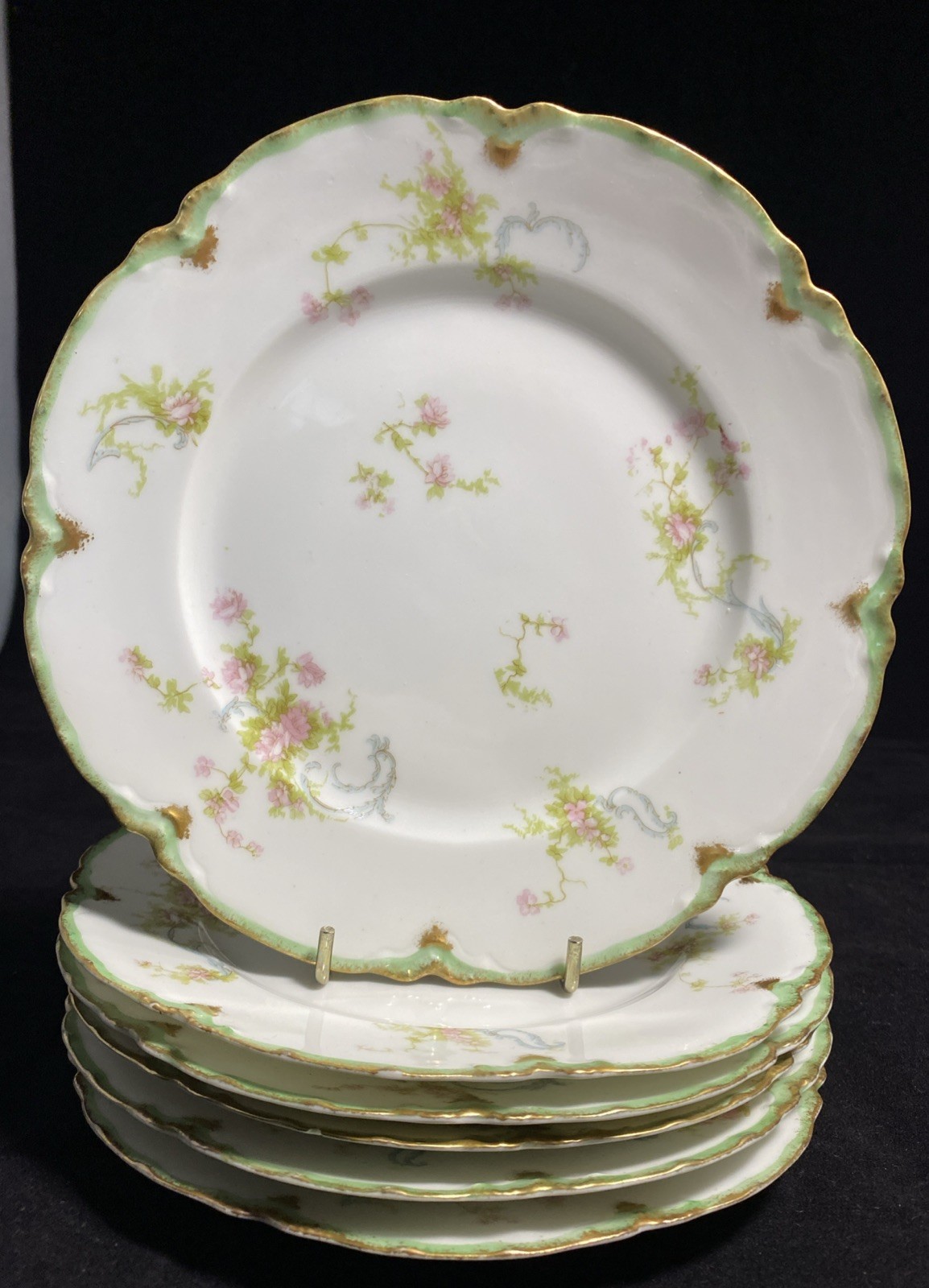 Haviland Schleiger 57H 6 Bread Plates 6 1/8″ Limoges Pink Roses Blue Ribbons @2