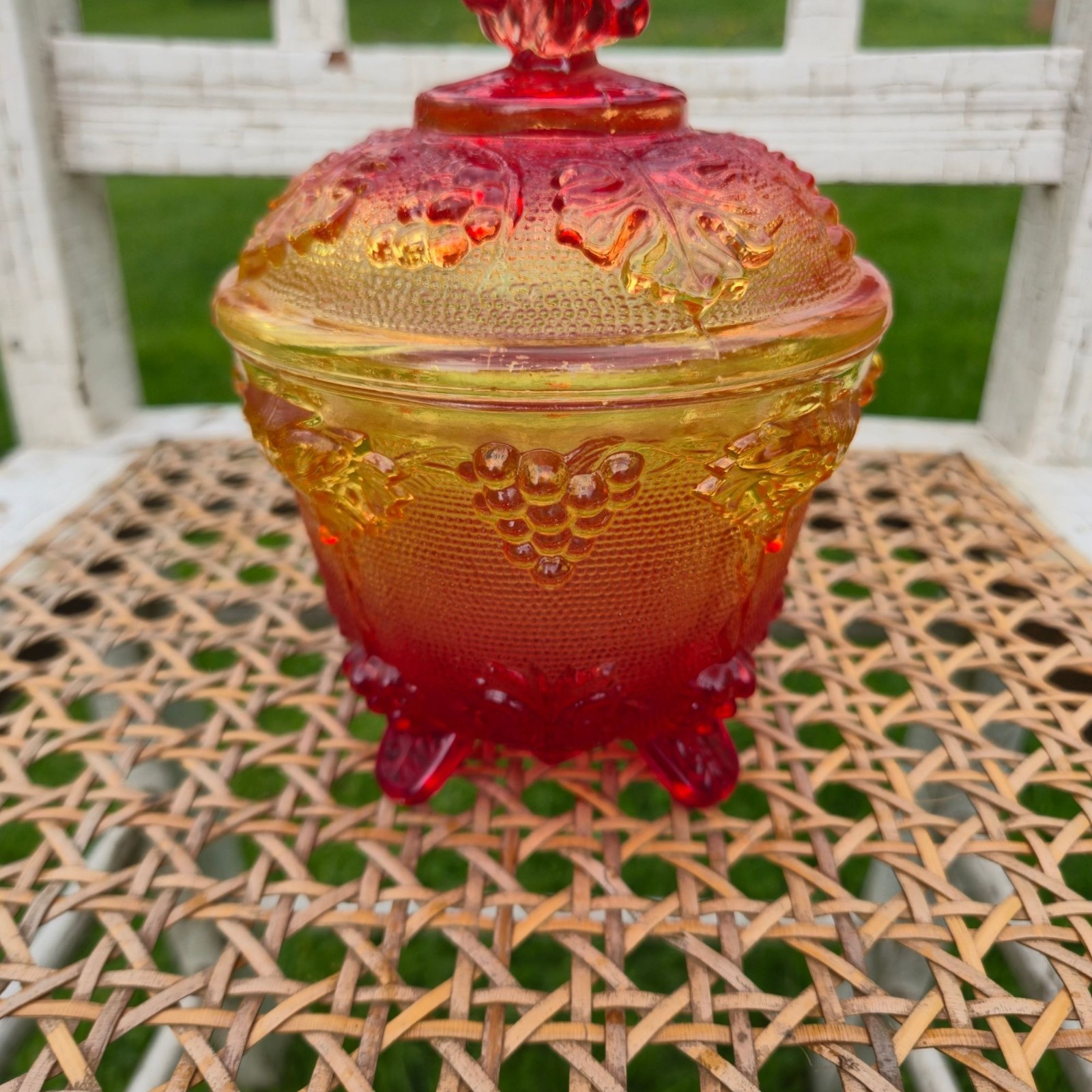VTG Jeannette Harvest Grapes Amber Red Carnival Glass Footed Covered Candy Dish