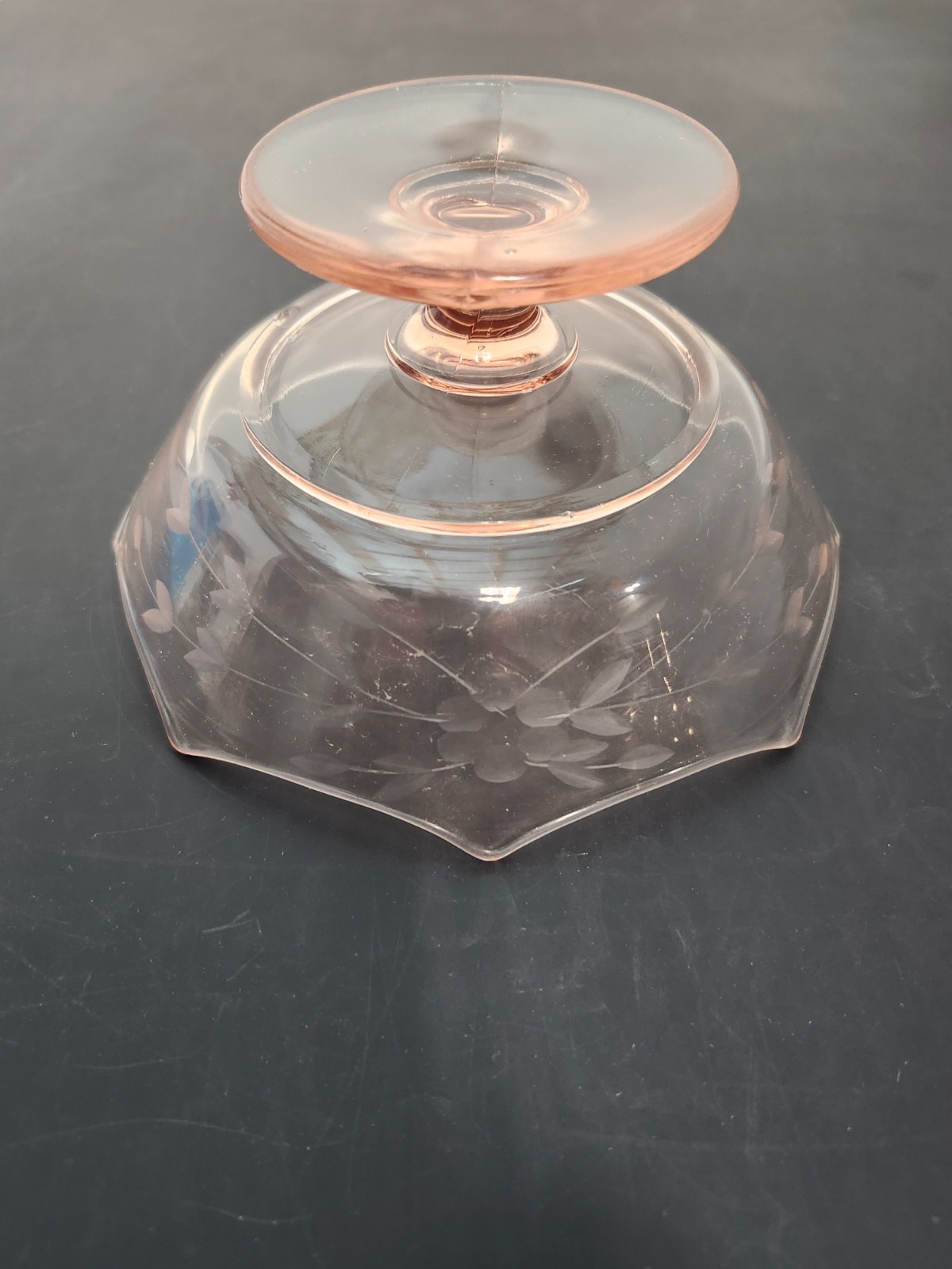 Imperial Glass Pink Etched Footed Compote Bowl 6¾” Leaf & Berry Pattern