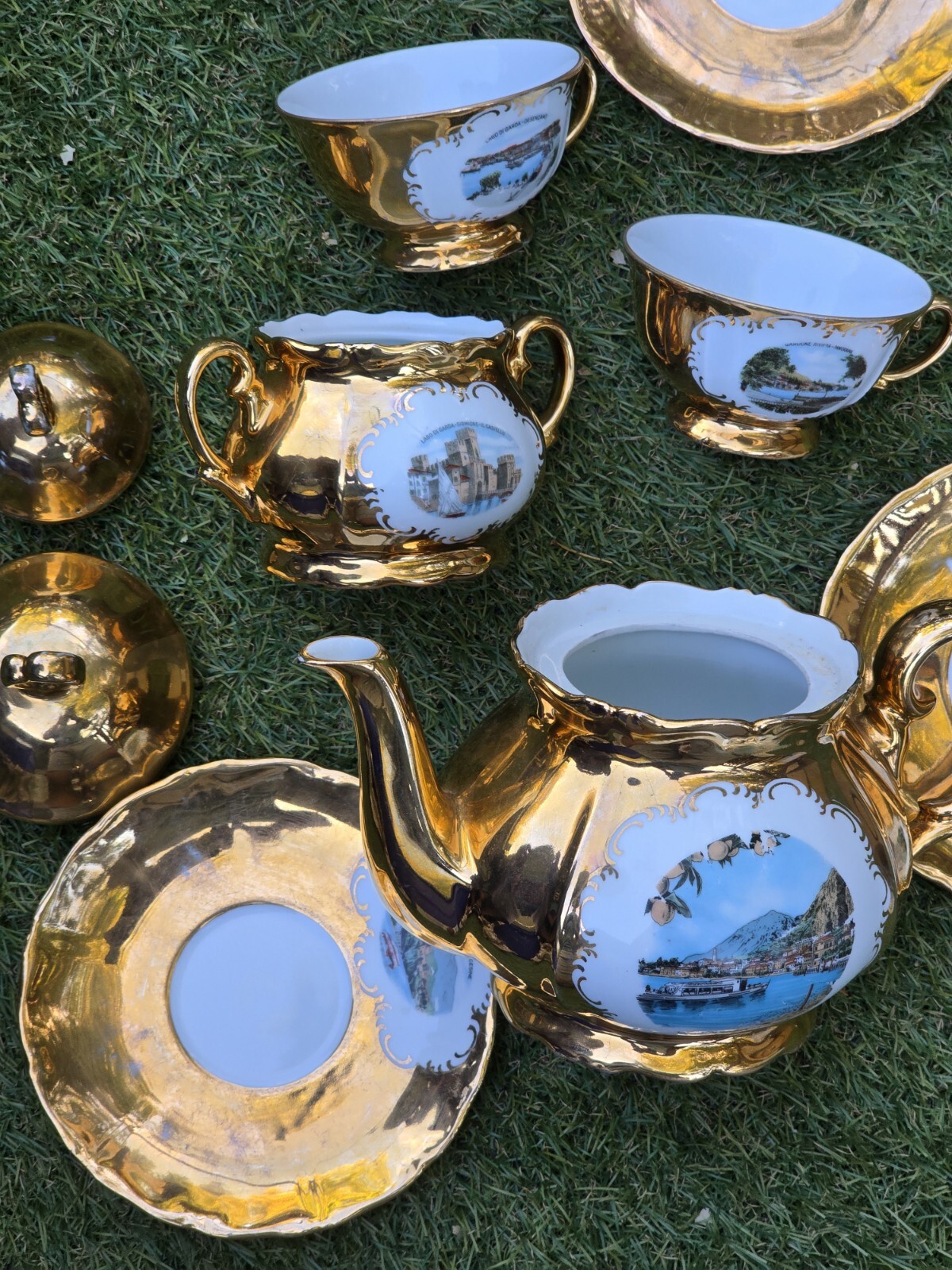 VTG 1960s Limone Castello MURANO GOLD PORCELAIN Tea Set 10 Piece 2 Cups 4 Plates