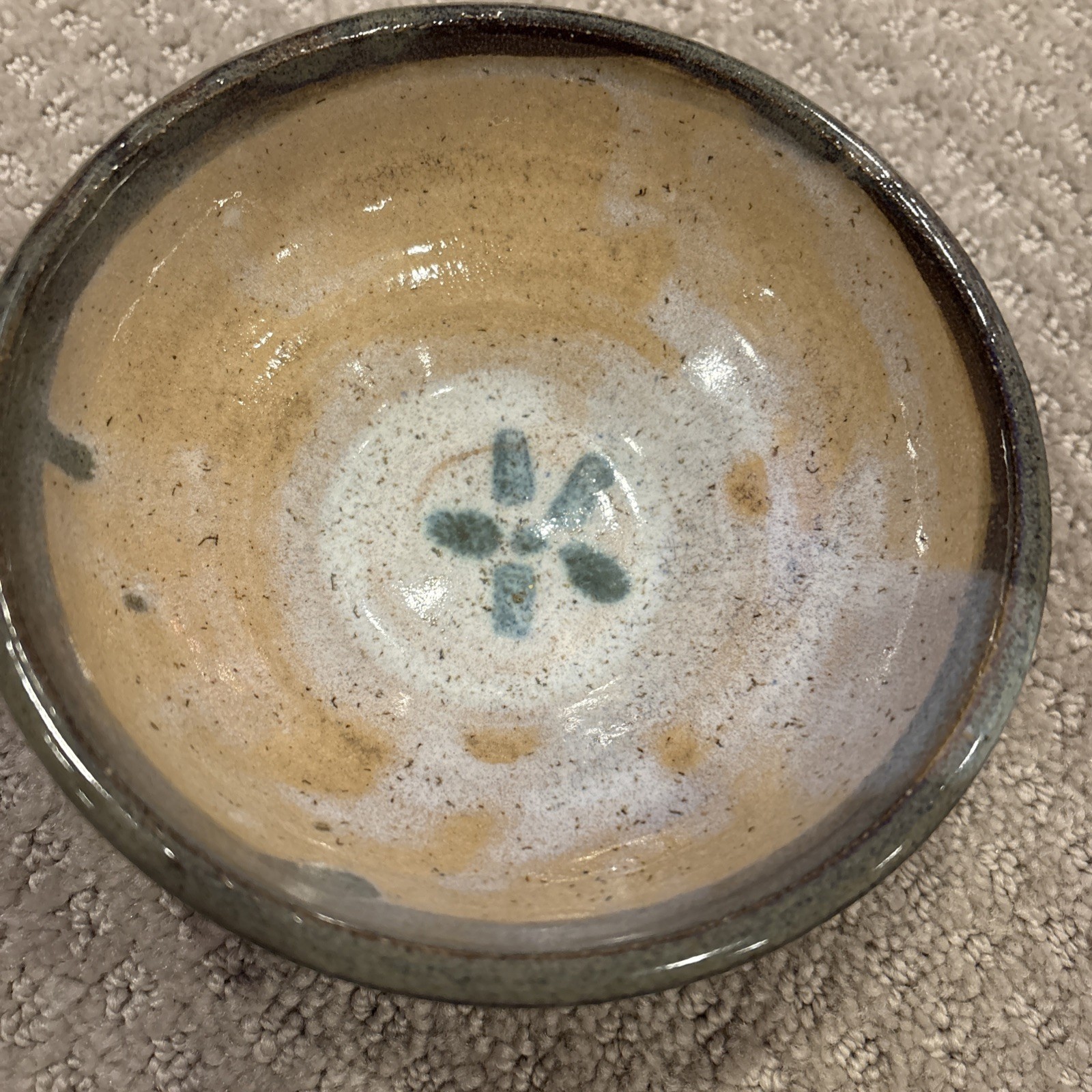 Signed Studio Art Pottery Bowl Trinket Dish Gray Tan White and Blue Handmade