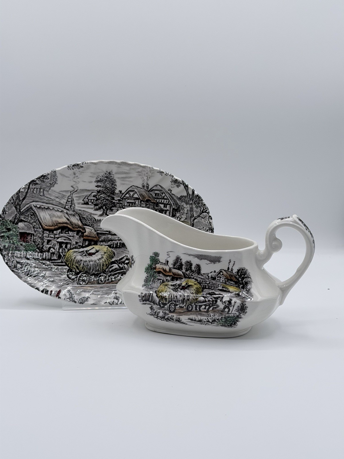 Staffordshire Ironstone Yorkshire Multicolor Gravy Boat with Underplate England