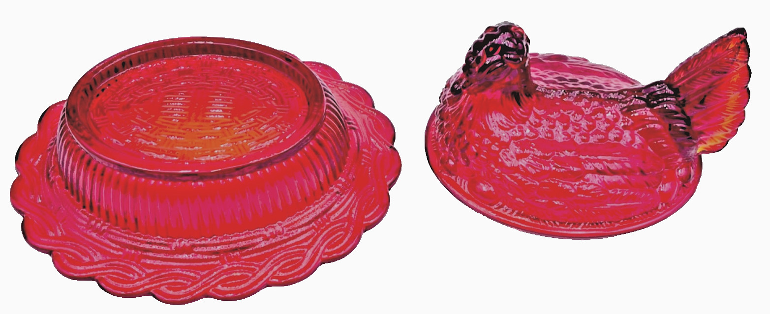 Mosser RED Hen on Nest 6 1/2″ Glass Covered Dish Marked Mosser FREE SHIPPING